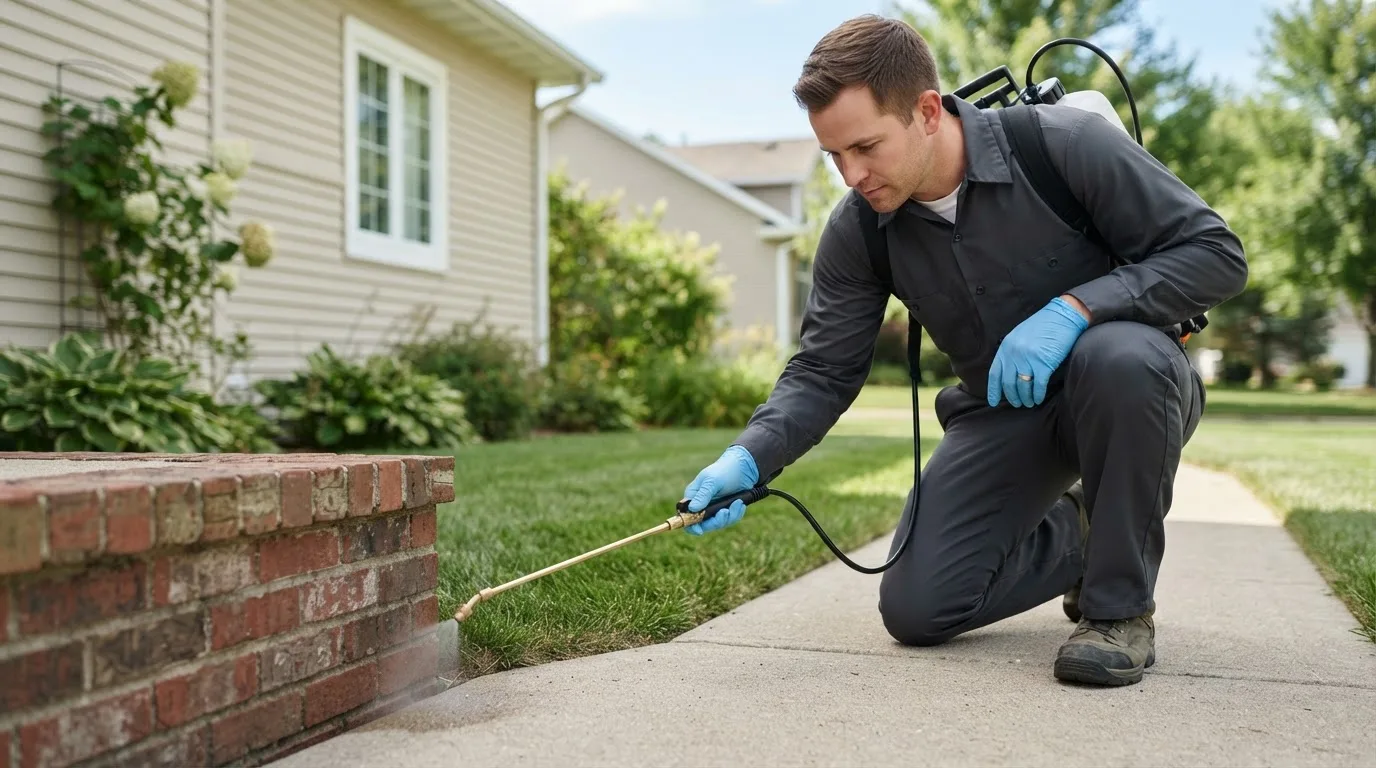 Pest control technician treating a home near Luverne, ND